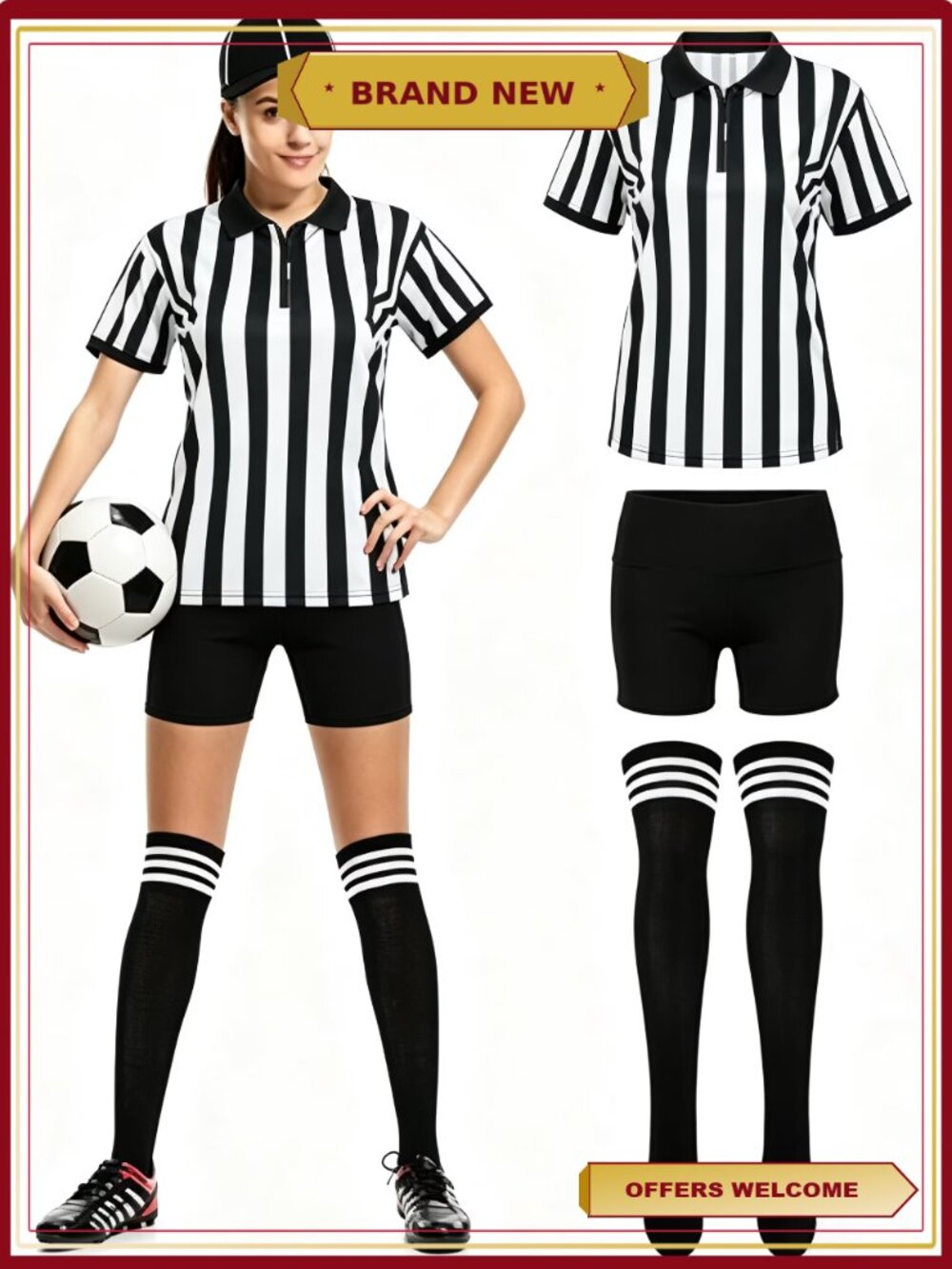 Women Referee Costume 4pcs Black White Stripe Shirt Shorts Hat Halloween Outfit